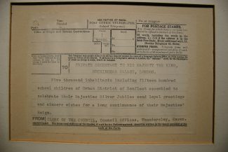 Telegram sent to His Majesty the King on the occasion of the Silver Jubilee - from 5,000 inhabitants and 1,500 school children from the Urban District of Benfleet | Post Office Telegram