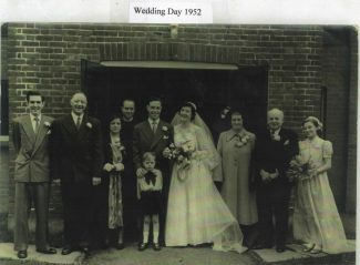 Wedding 1952 - John H Stockwell and Maureen Cooper, Thundersley Congregational Church. L to R: Roy Luxford, Harold Stockwell, Kathleen Stockwell, The Reverend, John Stockwell, Maureen Stockwell, Maud Cooper, Charlie Cooper and Jennifer Stockwell. Front: Michael Reed. | Tracy & Paul Kreyling