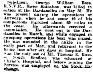 Newspaper Report about GW Ross Newspaper Report about GW Ross | Chelmsford Chronicle, Friday 18th June 1915