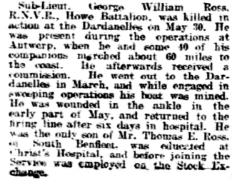 Newspaper Report about GW Ross | Chelmsford Chronicle, Friday 18th June 1915