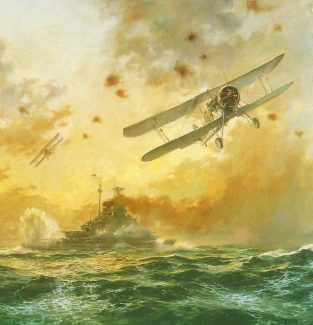 HMS Ark Royal's Swordfish strike Bismark in 1941.  Detail from a painting by Alan Fearnley displayed as part of the Fleet Air Arm Museum Collection. | Front cover of 'Swordfish at war' with the permission of publishers Ian Allan Printing Ltd Surrey