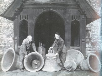 Reverend Reginald Leighton Houghton inspects the church bells. | From Bygone Benfleet by Norman Chisman