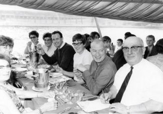 The other side of table. Far side by water Suzanne Mam, Goyet our host. George Essery. Gloria Georges, French man probably Suzanne's husband. M. George Goyet our host. Joan Fulford on left. The Goyets didn't play tennis [probably too old] but their sons did, not in this photograph. | George Essery