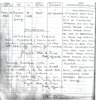 The flying log book of Petty Officer Charles Wines dated 12th April 1941, the day he was forced to make a crash landing on the beach at Hammamet, Tunisia, after attacking an enemy convoy with torpedoes. | Gilbert Wines