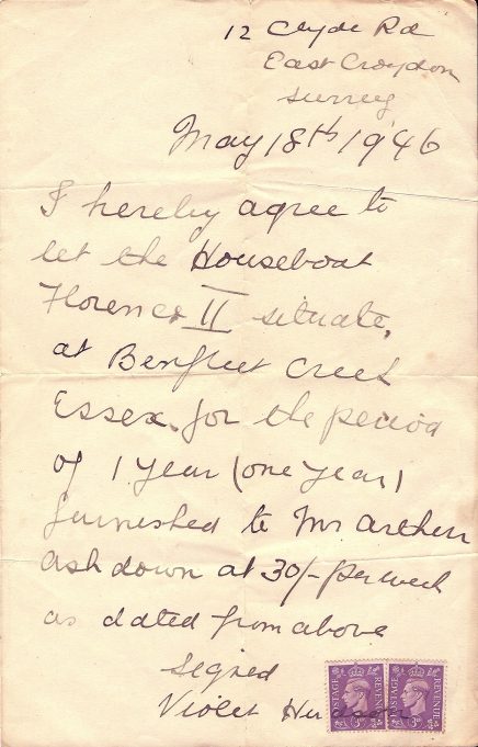 Tenant agreement for the houseboat Florence II dated May 18th 1946, the boat's owner lived in East Croydon Surrey. | Jill Ashdown