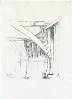 Drawing of barn interior  by Ernest Godman...quite possibly the same barn that inspired  Helen Stewart's barn exterior linocut | Reproduced by courtesy of the Essex Record Office (reference :  D/Y 33/1/21)