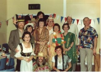 International Fancy Dress Dance. Back row. Myrtle Essery. Left to right. Derek Keighley, Brian Higgs, Eric Miller, Barrie Sanderson. Madeline Thorpe ? Miller Avril Keighley, Barbara Sanderson, Ron Yarham Sheila Yarham, Brian Thorpe, Maureen Higgs | George Essery