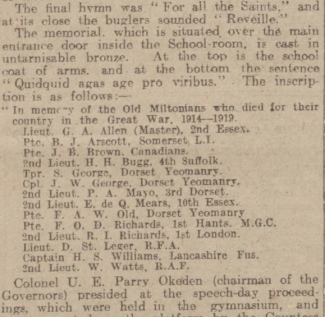 Western Gazette 23 December 1921 - Milton Abbas Grammar School Memorial | Niall Stoddart