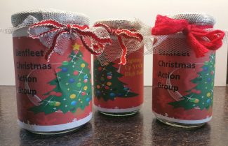 Collection jars for Benfleet Christmas Action to raise money for a Christmas tree and streetlamp decorations.